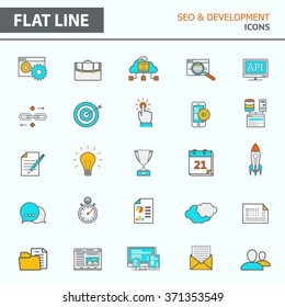 Set of modern simple line icons in flat design. Trendy infographic seo and development concept elements for banners, layouts, corporate  brochures, templates and web sites. Vector eps10 illustration