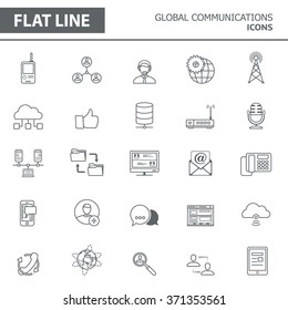 Set von modernen, einfachen Linien-Symbolen in flachem Design. Trendy infografische globale Kommunikationskonzepte für Banner, Layouts, Corporate Broschüren, Vorlagen und Webseiten. Vektor eps10 Illustration