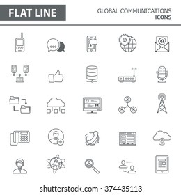 Set von modernen, einfachen Linien-Symbolen in flachem Design. Trendy infografische globale Kommunikationskonzepte für Banner, Layouts, Corporate Broschüren, Vorlagen und Webseiten. Vektor eps10 Illustration