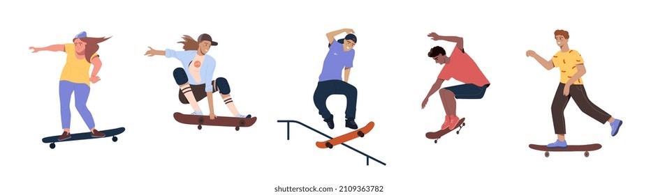 Set of modern skaters jumping with skateboards. Men and women perform tricks on skateboards. Street activity for teenagers on longboards. Cartoon flat vector collection isolated on white background