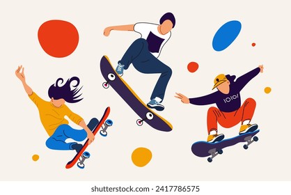 Hay un juego de patinadores modernos que saltan con patinetas. Los adolescentes montan una lonja, saltan y hacen trucos.  Actividad callejera para adolescentes en longboard. Colección vectorial plana de dibujos animados aislada en la espalda blanca