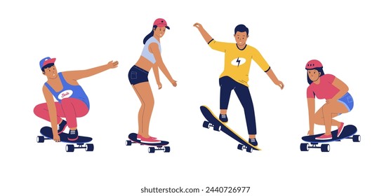 Conjunto de patinadores modernos saltando con patinetas. Personaje con skateboard saltando ilustración vectorial