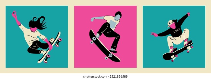 Conjunto de patinadores modernos saltando com skates.  Os adolescentes andam de longboard, pulam e fazem truques. Atividade de rua para adolescentes. Desenhado à mão modernas ilustrações de vetor. Logotipo, impressão, cartaz, design