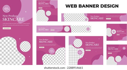 Set von modernen Hautpflegewebbannern in Standardgröße mit einem Platz für Fotos. Skin-Pflege und Banner-Titelhintergrund für Webdesign, Werbebanner-Vorlage für Social-Media-Cover.
