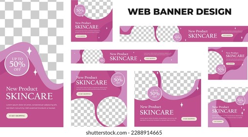 Set of modern skin care web banners in standard size with a place for photos. Skin care ad banner cover header background for website design, Social media cover ads banner template.