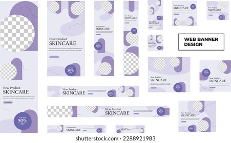 Set of modern skin care web banners in standard size with a place for photos. Skin care ad banner cover header background for website design, Social media cover ads banner template.