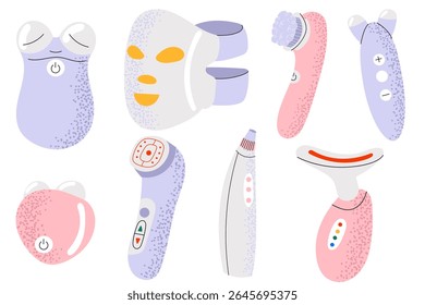 Conjunto de dispositivos modernos de beleza de cuidados com a pele. A coleção inclui máscara de LED, ferramenta de microcorrente, vácuo de poros, pincel de limpeza de rosto, ferramenta de elevação.  Perfeito para temas de beleza, spa e cuidados com a pele.