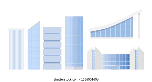 Set of modern skyscrappers and administrative buildings with glass facade. Vector illustration in flat style isolated on white background.