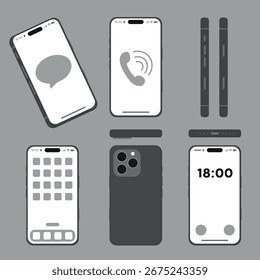 Conjunto de ilustraciones modernas de teléfonos inteligentes. Iconos del teléfono móvil con vista frontal, posterior y lateral, interfaz de usuario, pantalla de llamada y App. Diseño plano de Vector para tecnología, comunicación y concepto digital