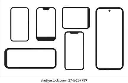 Set of modern smartphone outlines and shapes in black and white, showcasing various screen sizes and designs for digital devices.