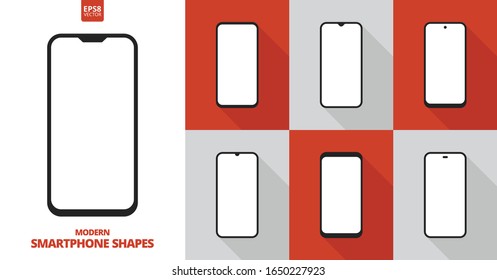 Set of modern smartphones flat style icons. Cell phone with sensor display in various constructive designs. Shape of mobile devices with blank screen. Touchscreen copy space. EPS8 vector illustration.