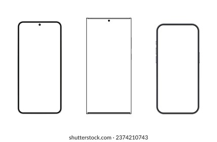 Set Of Modern Smartphones Mockups With Blank Screens Isolated On White Background. Vector Illustration