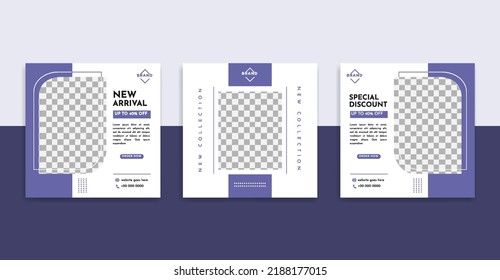 Set of Modern social media post template. Geometric purple shape frame with place for the photo. Usable for social media, website, flyers, and banners.