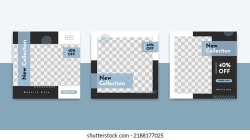 Plantilla de publicación de un conjunto de medios sociales modernos. Marco geométrico de forma Negro y Azul con lugar para la foto. Usable para medios sociales, sitios web, folletos y banners.