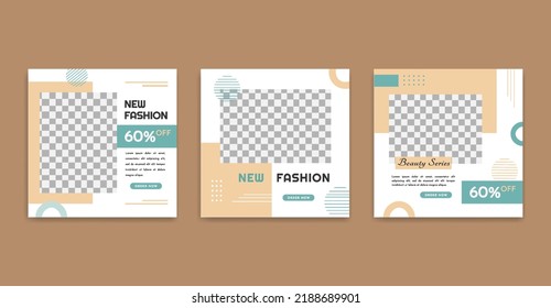 Set of Modern social media post template. Geometric green and peach pastel shape frame with place for the photo. Usable for social media, website, flyers, and banners.