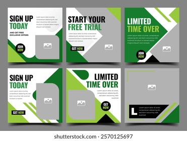 Set of modern social media post templates. Square banner with geometric shapes and placeholders for text and images.