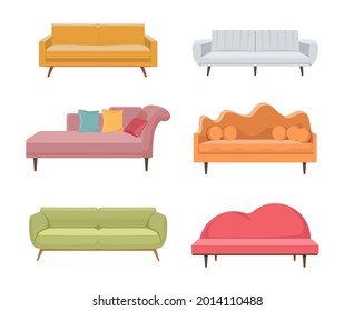 Set of Modern Sofa, Classic or Retro Couch Comfortable Two-seat Lawson Sofa, Loveseat, Chaise and Futon Couch with Leather or Fabric Upholstery and Soft Pillows. Cartoon Vector Illustration