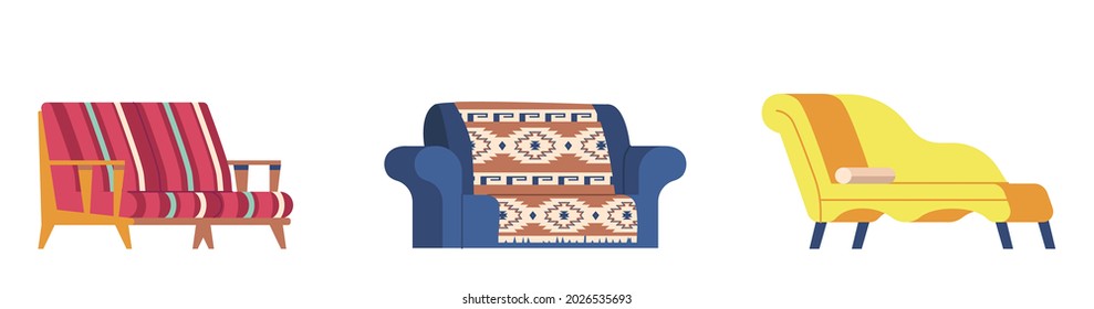 Set of Modern Sofa, Classic or Retro Couch Comfortable Two-seat Lawson Sofa, Loveseat, Chaise and Futon Couch with Leather or Fabric Embroidery Upholstery and Soft Roller. Cartoon Vector Illustration