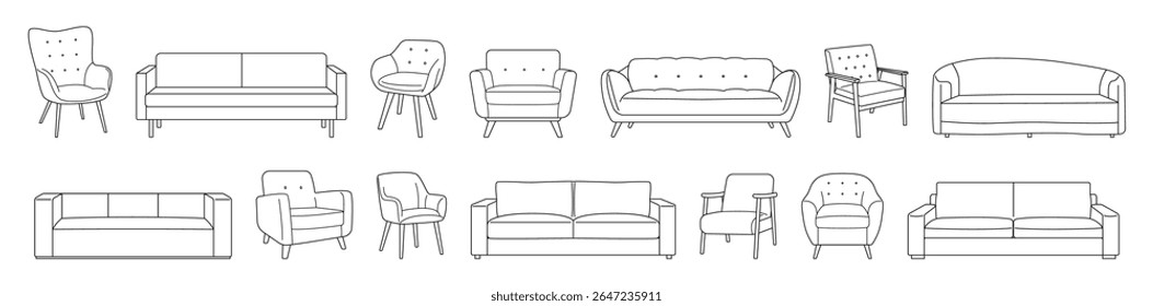 Set of modern sofas and armchairs . Flat vector illustration for interior design, furniture catalogs, home decor, branding, real estate, and creative projects.