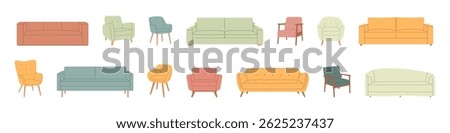 Set of modern sofas and armchairs in pastel colors. Flat vector illustration for interior design, furniture catalogs, home decor, branding, real estate, and creative projects.