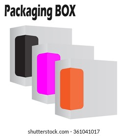 Set of Modern Software Product Package Box With Violet, Orange, Black Window For Your Design.