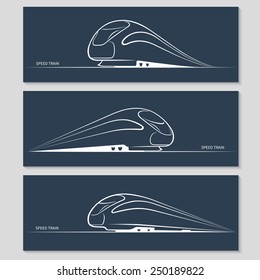 Set of modern speed train silhouettes isolated on dark background. Vector illustration