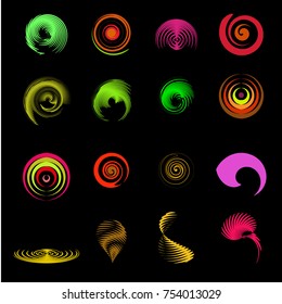 Set of the modern spiral objects set. Set of the multicolored spirals. Spiral symbol. 