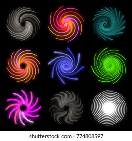  Set of the modern spiral objects set. Set of the multicolored luminous spirals. Glowing spiral.
