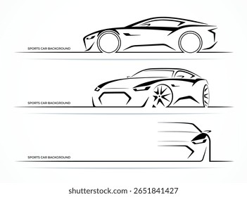 Conjunto de ilustrações vetoriais de arte de linha de carros esportivos modernos. Desenhos de contorno preto de um veículo esportivo elegante. Vista frontal, perspectiva e vista lateral. Para marcas com tema automotivo, banners, placas de sinalização.
