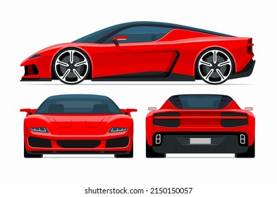 Set Of Modern Sports Car Mockups. Side, Front, Rear View Of A 2-door Sports Coupe Isolated On White Background. Vector Supercar Icon For Road And Transportation Illustrations.