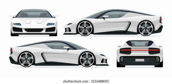Set Of Modern Sports Car Mockups. Side, Front, Rear View Of A Sports Coupe Isolated On White Background. Vector White Sportscar Template For Branding, Advertisement, Logo Placement. Easy Editable.