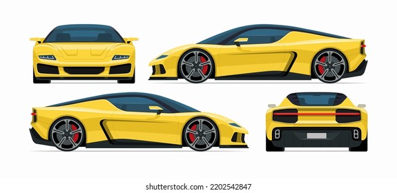 Set Of Modern Sports Car Mockups. Side, Front, Rear View Of A Yellow 2-door Sports Coupe Isolated On White Background. Vector Supercar Icon For Road And Transportation Illustrations.