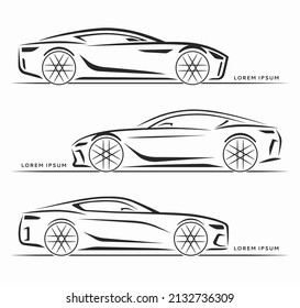 Set of modern sports car silhouettes. Sports car contours, logo design templates. Side view. Vector illustration.