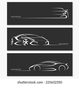 Set of modern sports car silhouettes isolated on dark background. Vector illustration