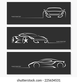 Set of modern sports car silhouettes isolated on dark background. Vector illustration