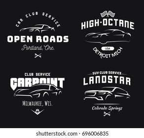 Set of modern sports car and SUV logo, emblems and badges template. Tee print design. Vector illustration.