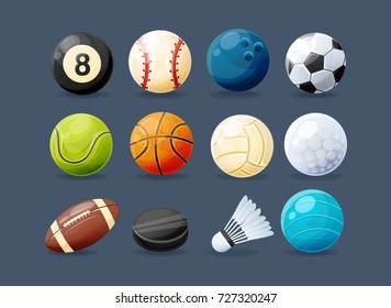 Set of modern sports equipment: ball for billiards, golf and bowling, balls for baseball, football, tennis, basketball, volleyball, rugby, water polo, washer and shuttlecock. Vector illustration