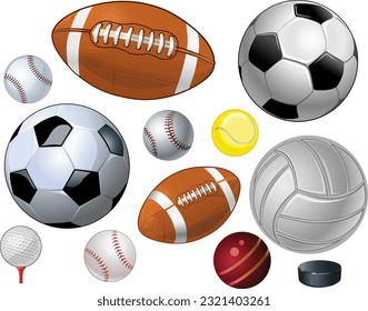 Set of modern sports equipment: balls, golf and bowling, baseball, football, tennis, volleyball, rugby, cricket 