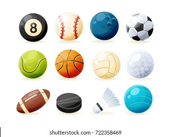 Set of modern sports equipment: balls for billiards, golf and bowling, baseball, football, tennis, basketball, volleyball, rugby, water polo and shuttlecock. Vector illustration.