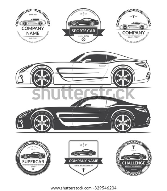 Set of modern sports or\
super car silhouettes with collection of  car service labels,\
emblems, logotypes. Black vector illustration isolated on white\
background