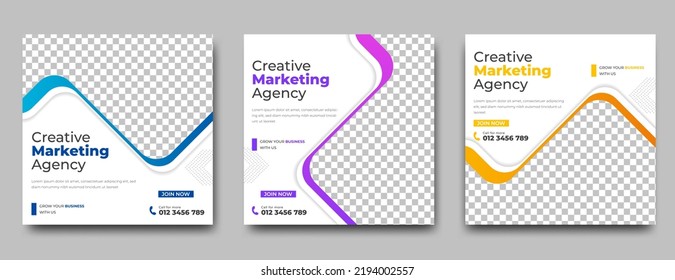 Set of modern square banner design template with colorful shape frame. Marketing agency social media post template.