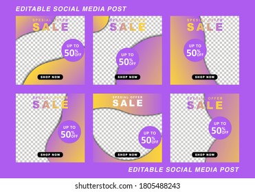 Set modern square editable banner template. Gradient colors. Suitable for social media post and web, internet ads. Vector illustration with photo college.