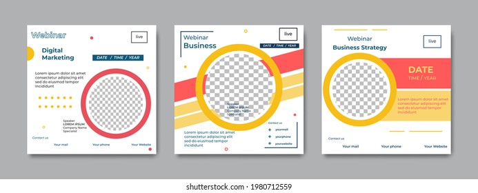 Set of modern square live webinar promotion templates for social media post concept design. Suitable for online marketing promotion banner, webinar, seminar, flyer, ads, etc.