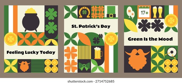 Un conjunto de carteles modernos del Día de San Patricio con vibrantes patrones geométricos y Elementos festivos como cerveza, tréboles, monedas, tambores y banderas irlandesas.