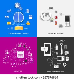 Set of modern stickers. Concept of artificial intelligence, digital marketing, analytics, mobile technology. Vector eps10 illustration