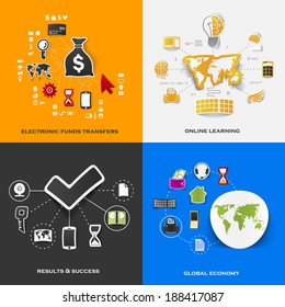 Set of modern stickers. Concept of electronic funds transfers, online learning, results & success, global economy. Vector eps10 illustration