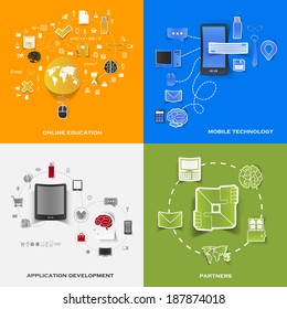 Set of modern stickers. Concept of online education and mobile technology and application development and partners. Vector eps10 illustration