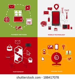 Set of modern stickers. Concept of payment methods, mobile technology, partnership, online talks. Vector eps10 illustration