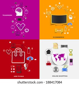 Set of modern stickers. Concept of teamwork, e-commerce, add to bag, online shopping. Vector eps10 illustration