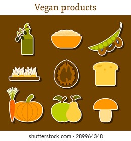 Set of modern stickers in flat style on vegan food theme: fruit, vegetable, mushroom, soy, bean, oil, nut, bread, rice. Raw healthy food or vegan concept. Great for vegan site, app, organic market